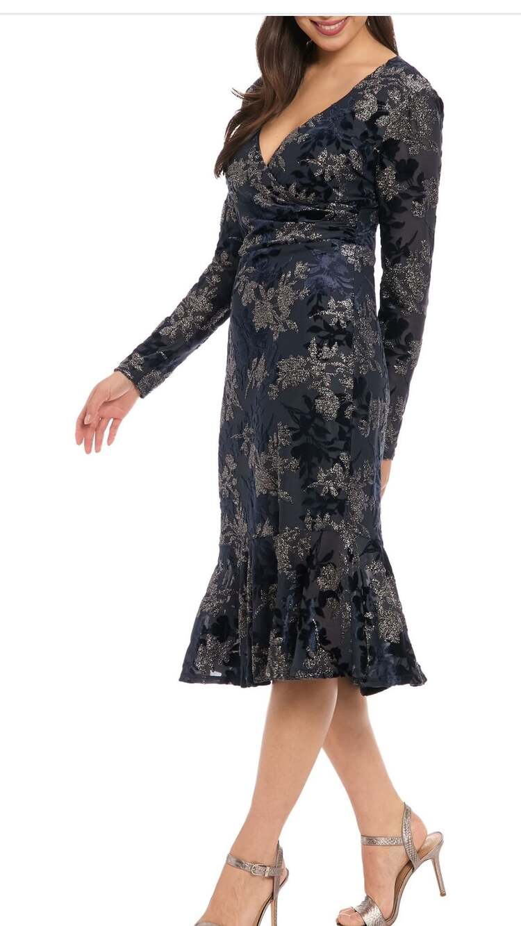 London Times Black Floral Burnout V-Neck Long Sleeve Faux Wrap Dress